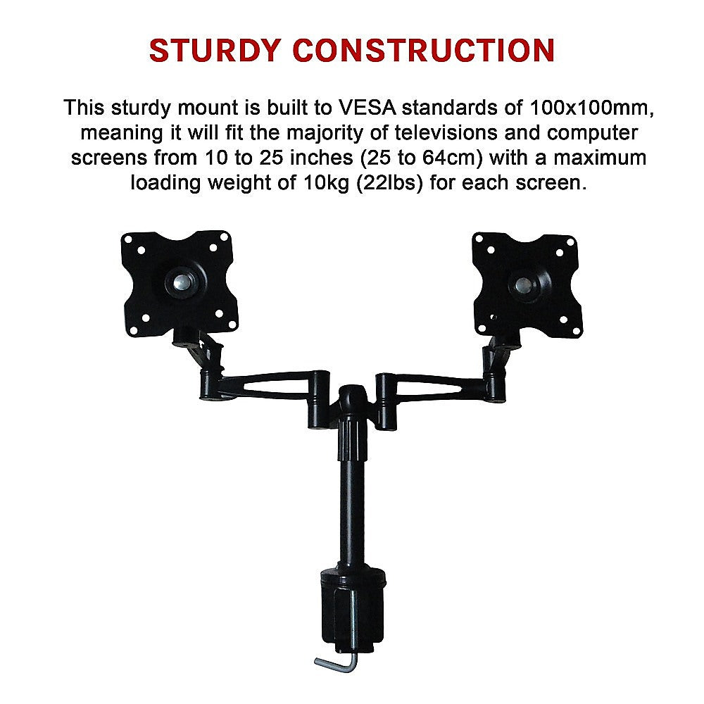 Two-Screen 10-25" Desk Monitor Tv Plasma Led Lcd Work Mount