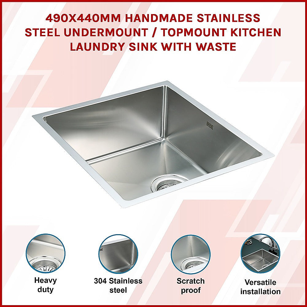 490X440Mm Handmade Stainless Steel Kitchen/Laundry Sink With Waste