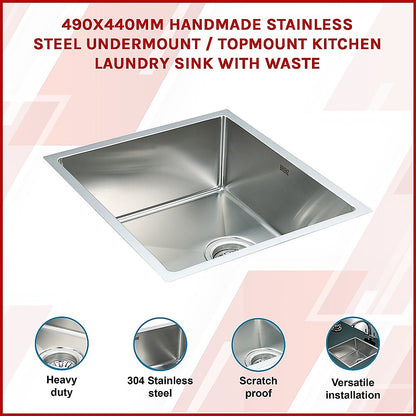 490X440Mm Handmade Stainless Steel Kitchen/Laundry Sink With Waste