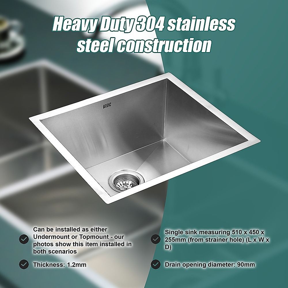 510x450mm Handmade 1.2mm Stainless Steel Undermount Topmount Kitchen Laundry Sink with Waste