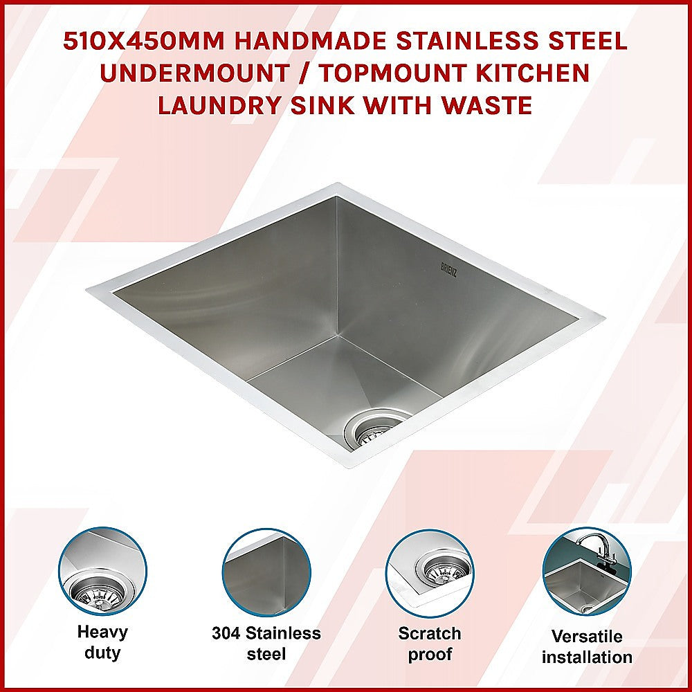 510X450Mm Handmade Stainless Steel Kitchen/Laundry Sink With Waste