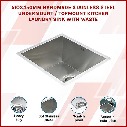 510X450Mm Handmade Stainless Steel Kitchen/Laundry Sink With Waste