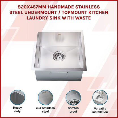 820X457Mm Handmade Stainless Steel Kitchen/Laundry Sink With Waste