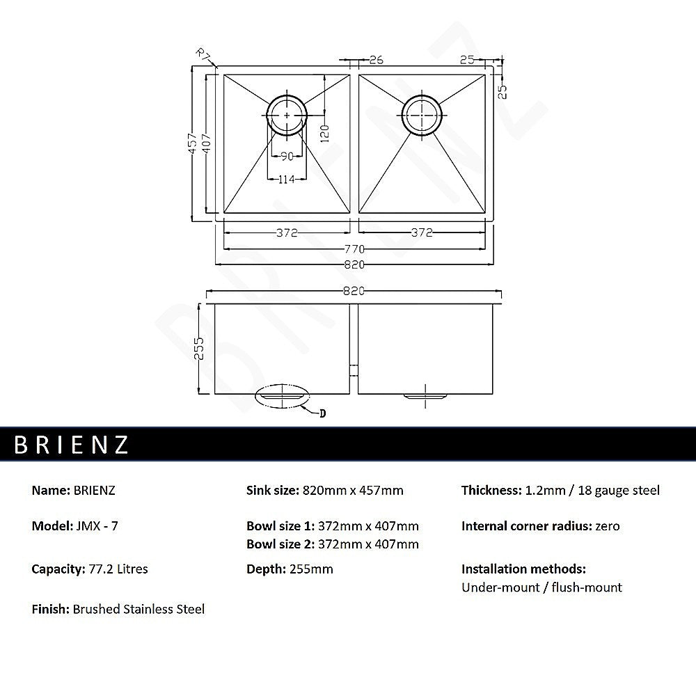 820X457Mm Handmade Stainless Steel Kitchen/Laundry Sink With Waste