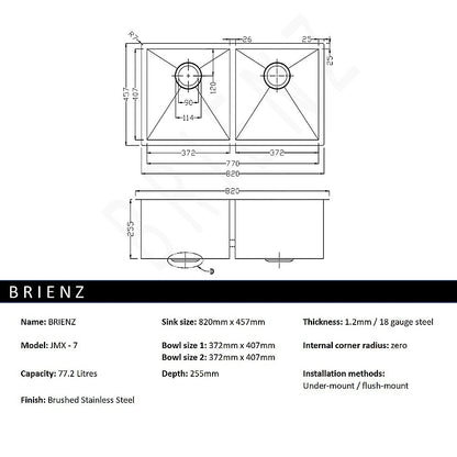 820X457Mm Handmade Stainless Steel Kitchen/Laundry Sink With Waste