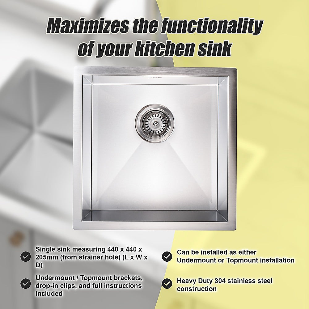 440X440Mm Handmade Stainless Steel Kitchen/Laundry Sink With Waste