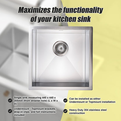440X440Mm Handmade Stainless Steel Kitchen/Laundry Sink With Waste