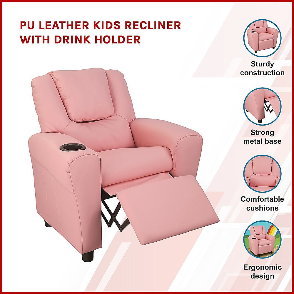 PU Leather Kids Recliner with Drink Holder - Melbourne Home & Living