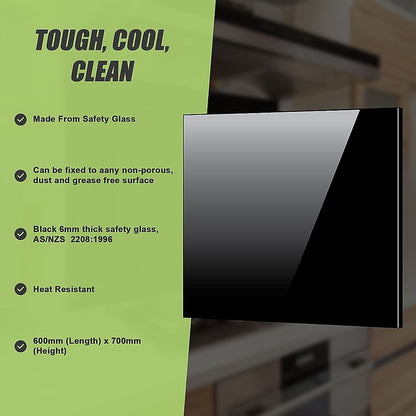 Toughened 60cm x 70cm Black Glass Kitchen Splashback