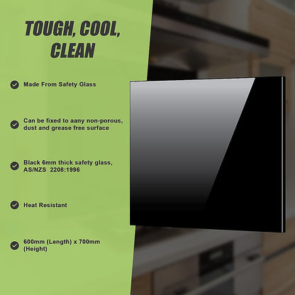 Toughened 60Cm X 70Cm Black Glass Kitchen Splashback