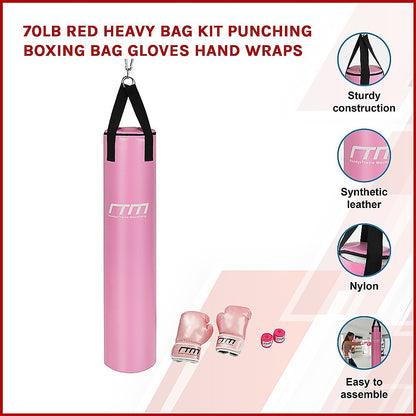 70Lb Red Heavy Bag Kit Punching Boxing Bag Gloves Hand Wraps