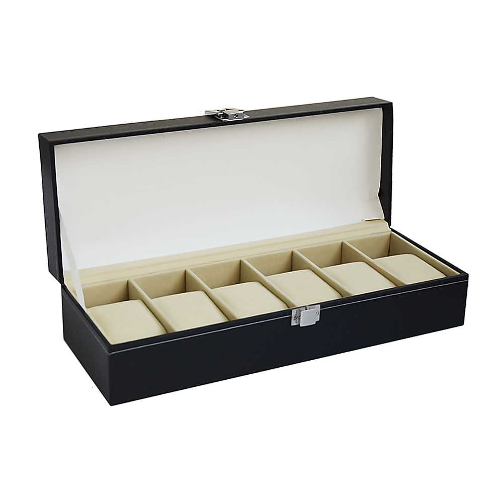 6 Slot Mens Watch Display Case Box Black Pu Leather