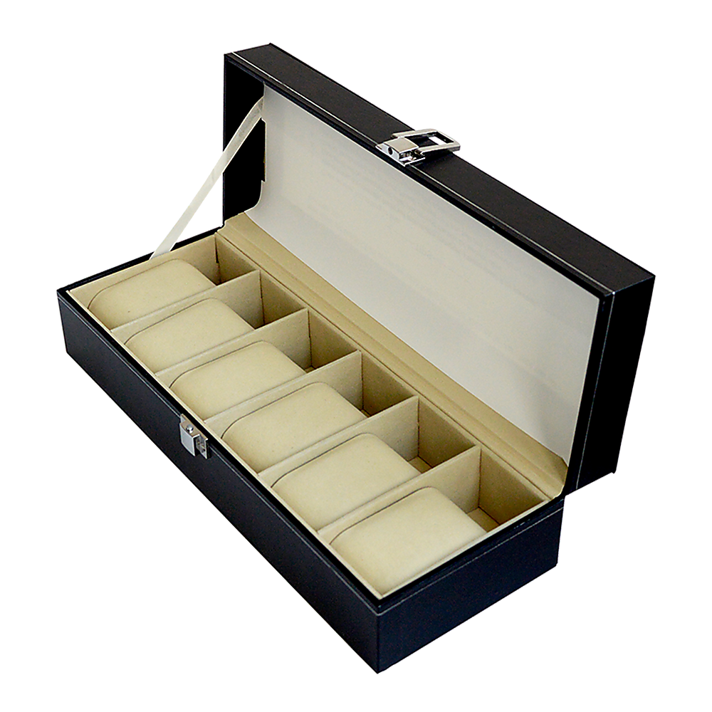6 Slot Mens Watch Display Case Box Black Pu Leather