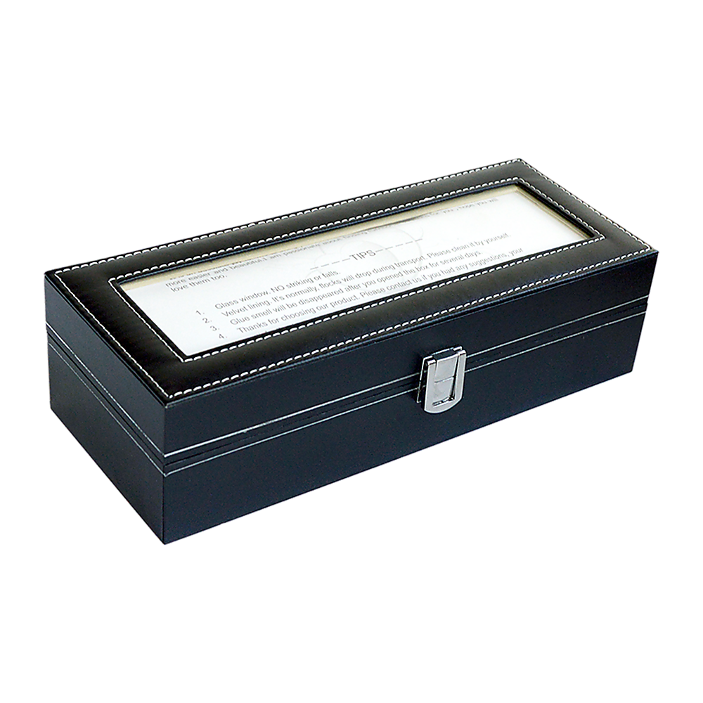 6 Slot Mens Watch Display Case Box Black Pu Leather