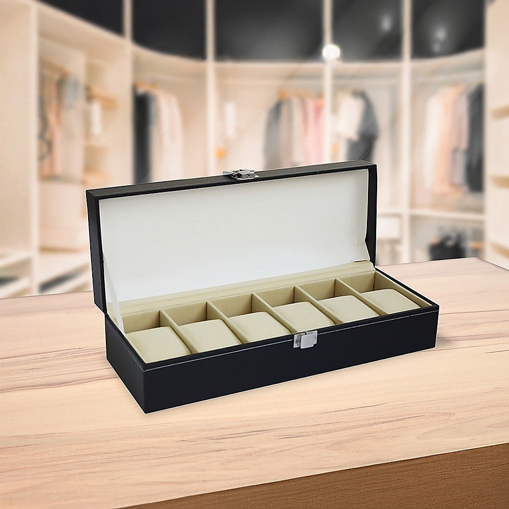 6 Slot Mens Watch Display Case Box Black Pu Leather