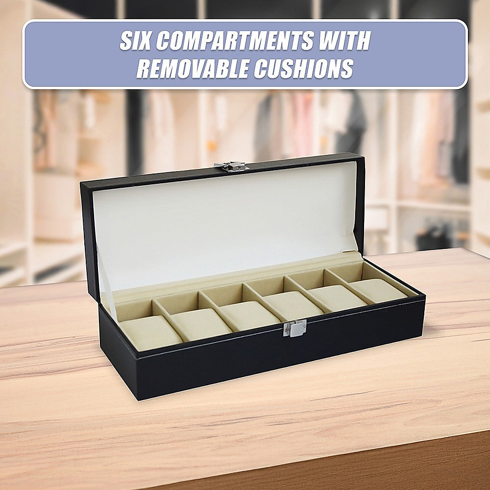 6 Slot Mens Watch Display Case Box Black Pu Leather