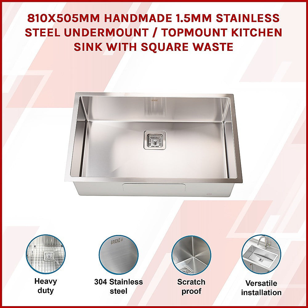 810X505Mm Stainless Steel Kitchen Sink With Square Waste