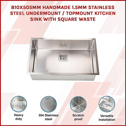 810X505Mm Stainless Steel Kitchen Sink With Square Waste