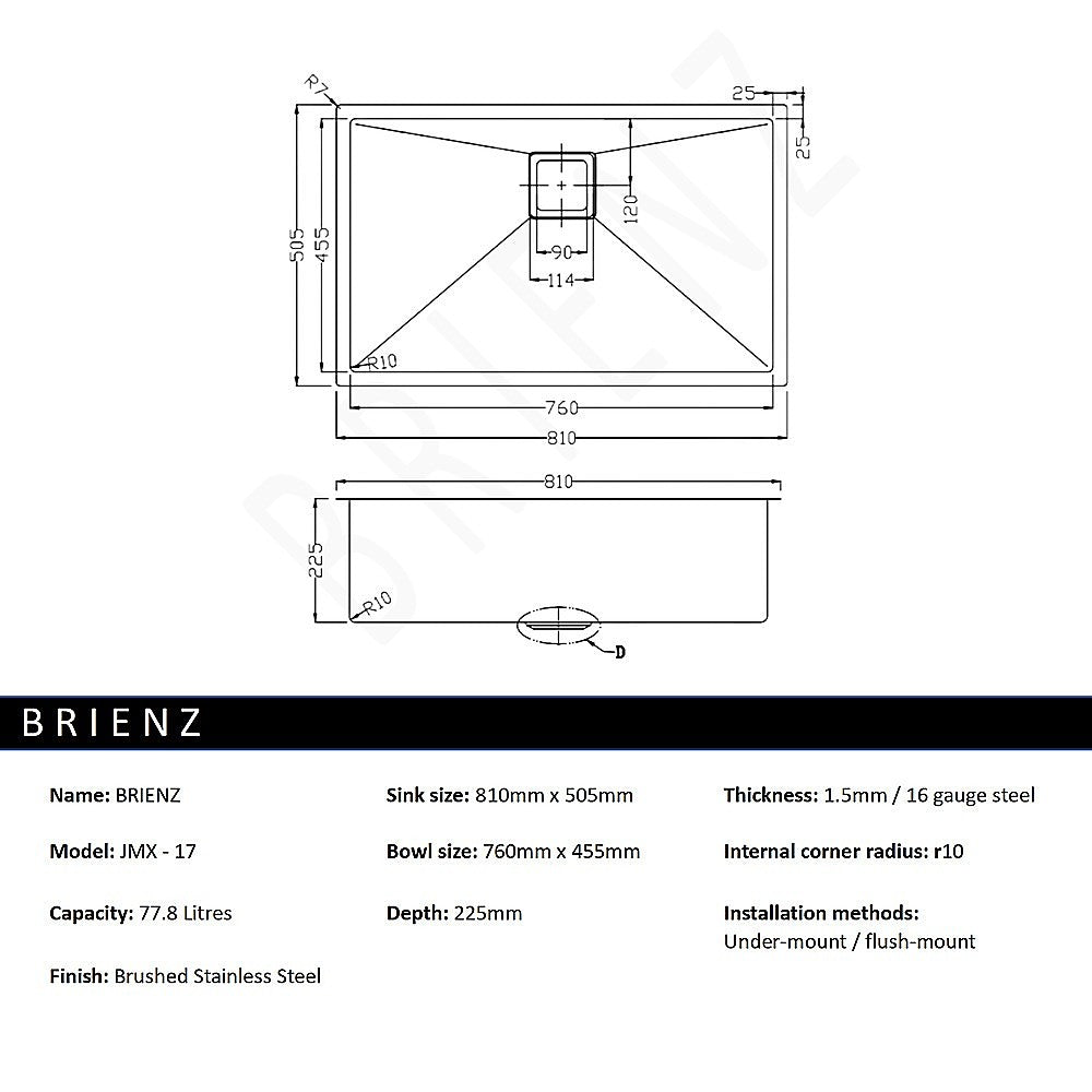 810X505Mm Stainless Steel Kitchen Sink With Square Waste