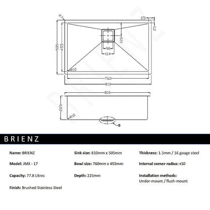 810X505Mm Stainless Steel Kitchen Sink With Square Waste