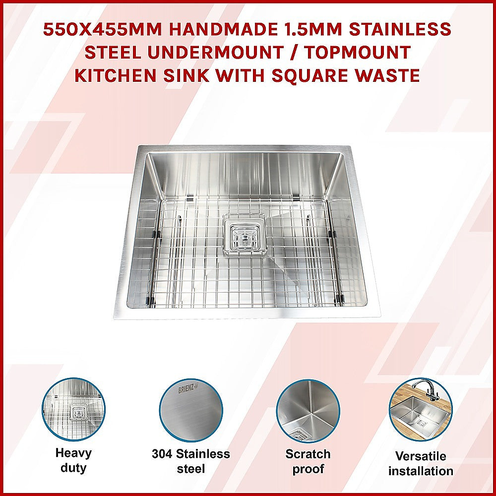 550X455Mm Stainless Steel Kitchen Sink With Square Waste