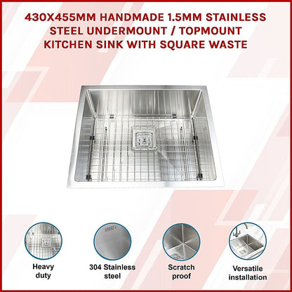 430x455mm Handmade 1.5mm Stainless Steel Kitchen Sink with Waste and Grid