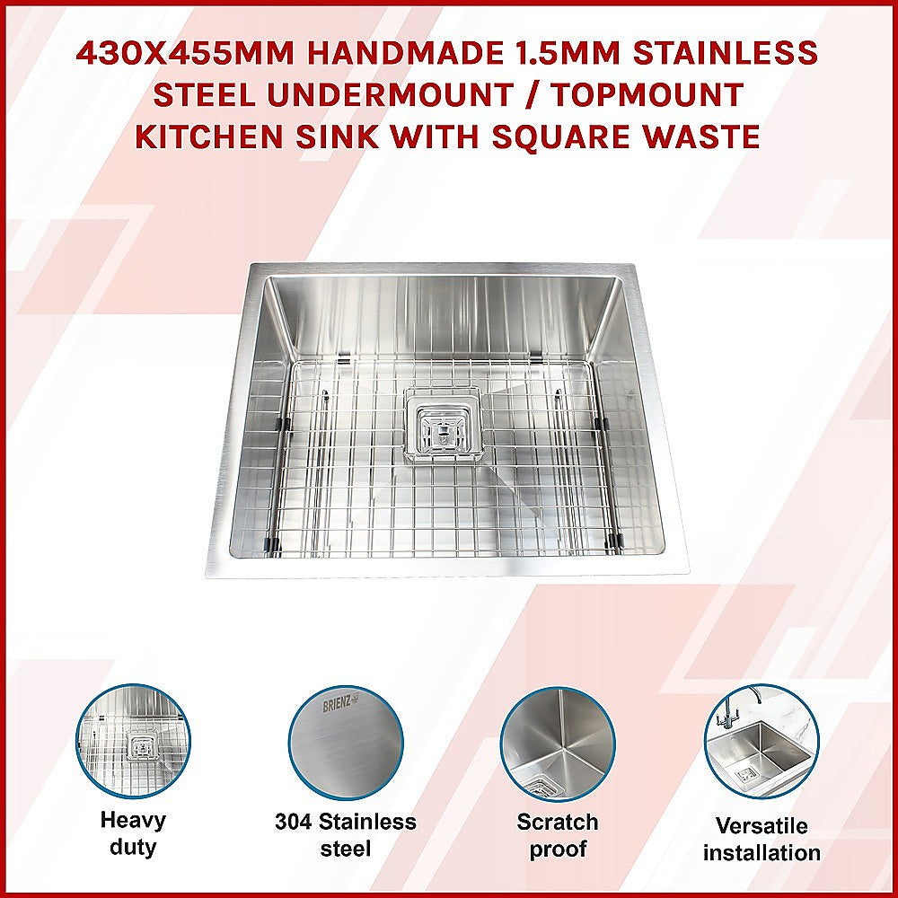 430X455Mm Stainless Steel Kitchen Sink With Square Waste