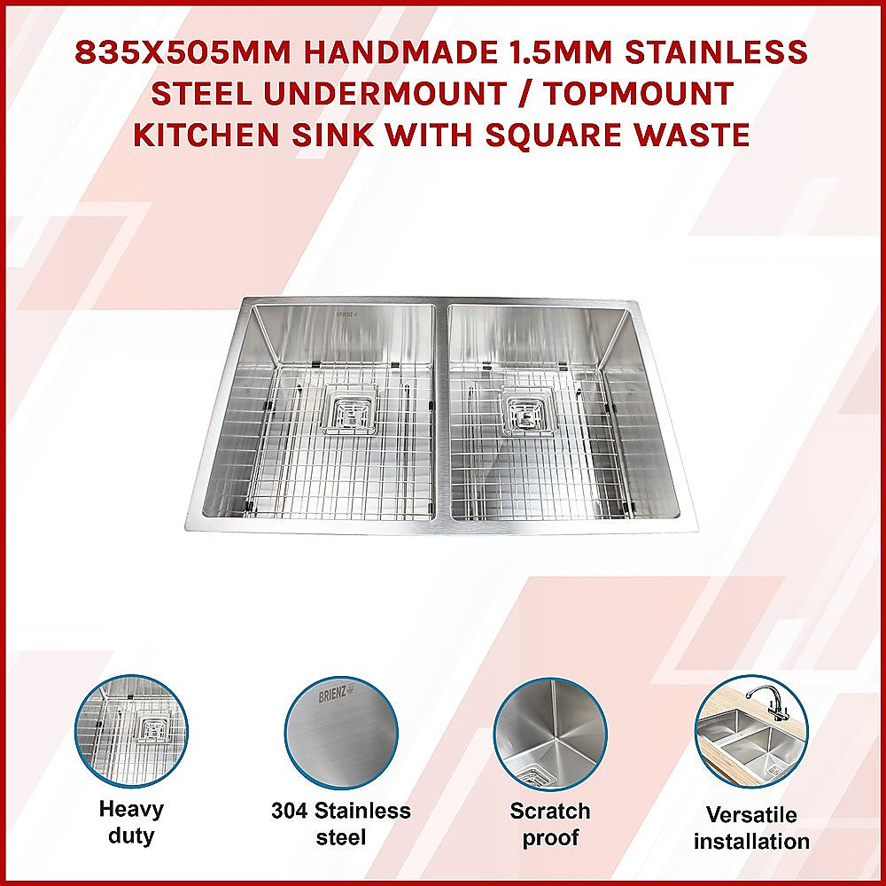 835X505Mm Stainless Steel Kitchen Sink With Square Waste