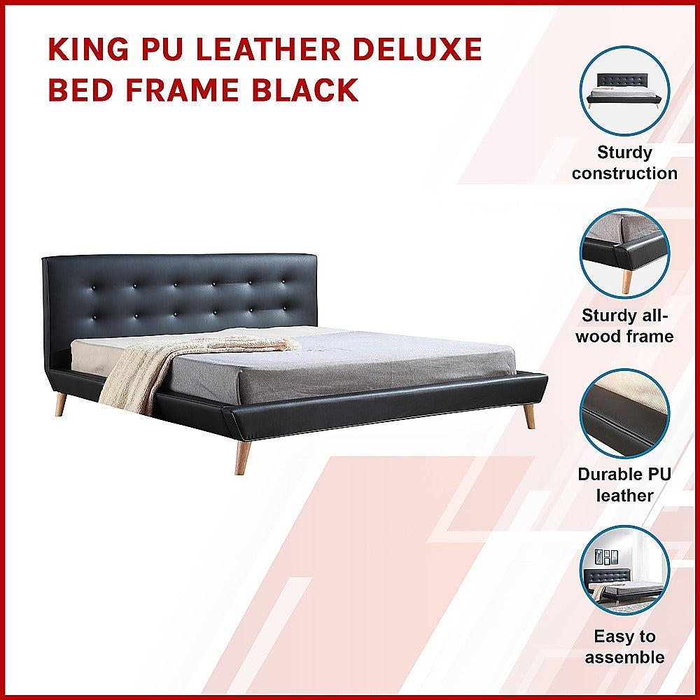 King PU Leather Deluxe Bed Frame Black - 183×203cm