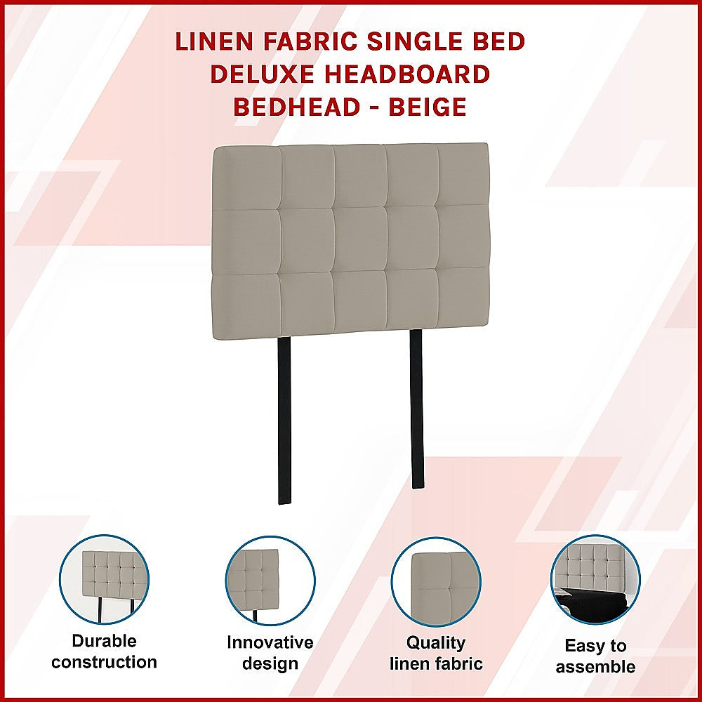 Elegant Linen Fabric Single Bed Deluxe Headboard - Beige