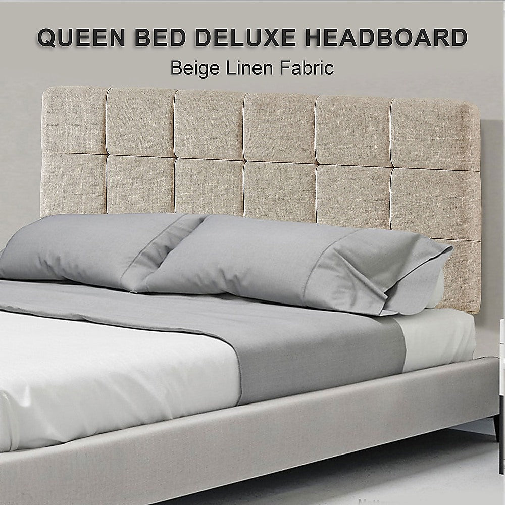 Regal Linen Fabric Queen Bed Deluxe Headboard - Beige