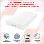 Palermo King Single 25Cm Gel Memory Foam Mattress - Dual-Layered - Certipur-Us Certified