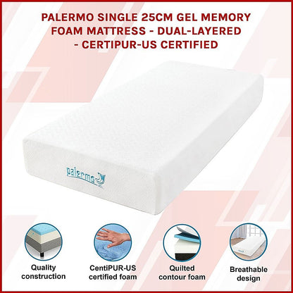 Single 25cm Gel Memory Foam Mattress – Dual-Layered Comfort with CertiPUR-US Certified Foam
