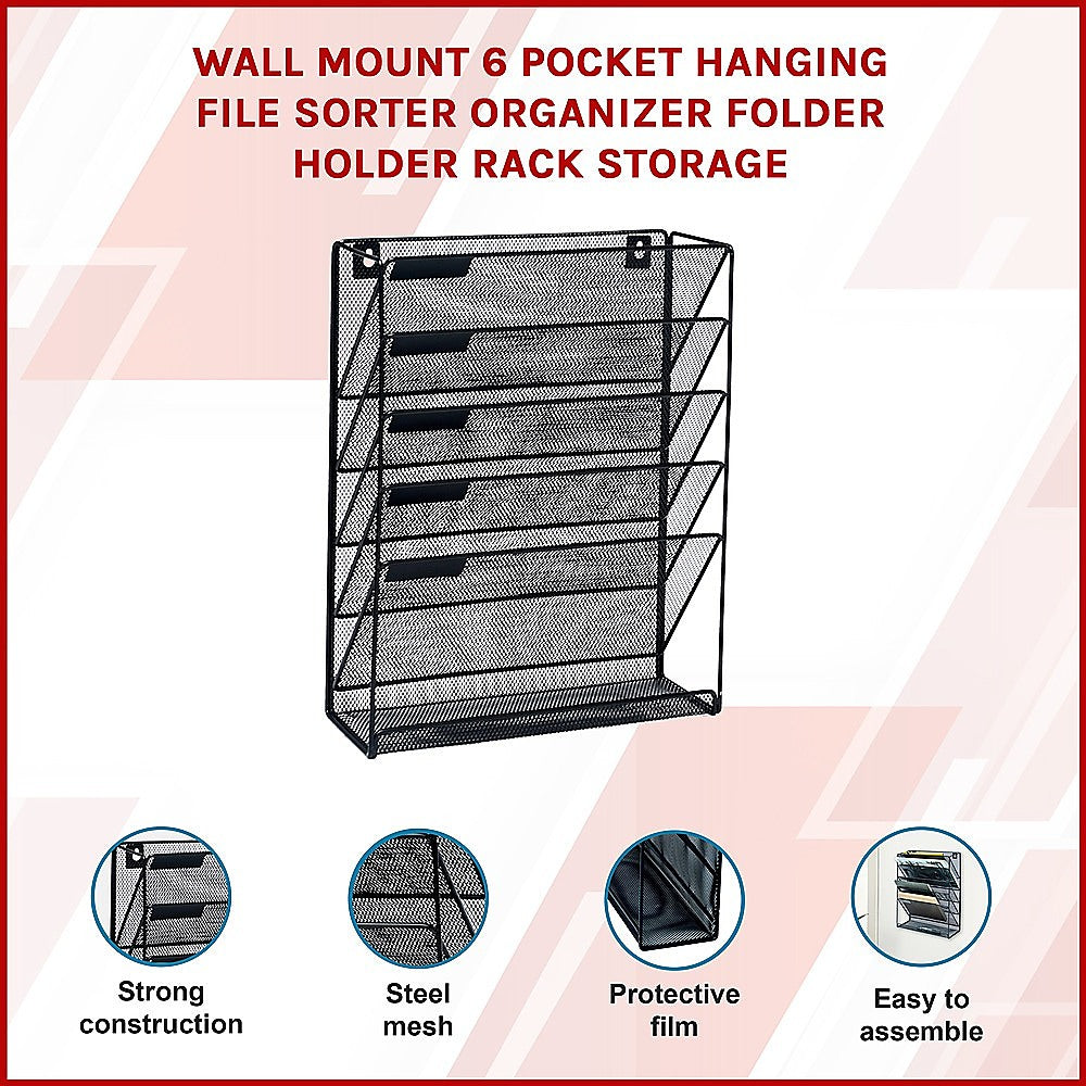 Wall Mount 6 Pocket Hanging File Sorter Organizer Folder Holder