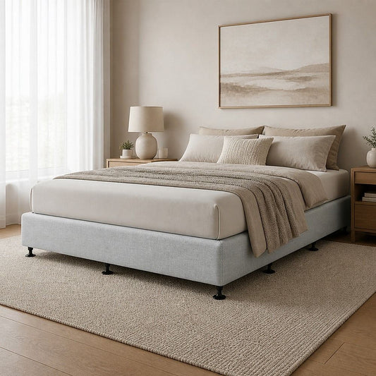 Palermo Queen Ensemble Bed Base Platinum Light Grey Linen Fabric