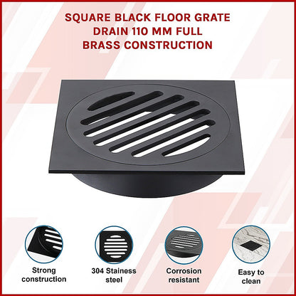 Square Black Floor Grate Drain 110 Mm Full Brass Construction