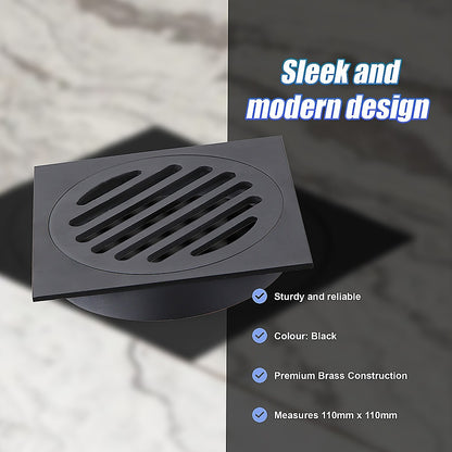 Square Black Floor Grate Drain 110 Mm Full Brass Construction