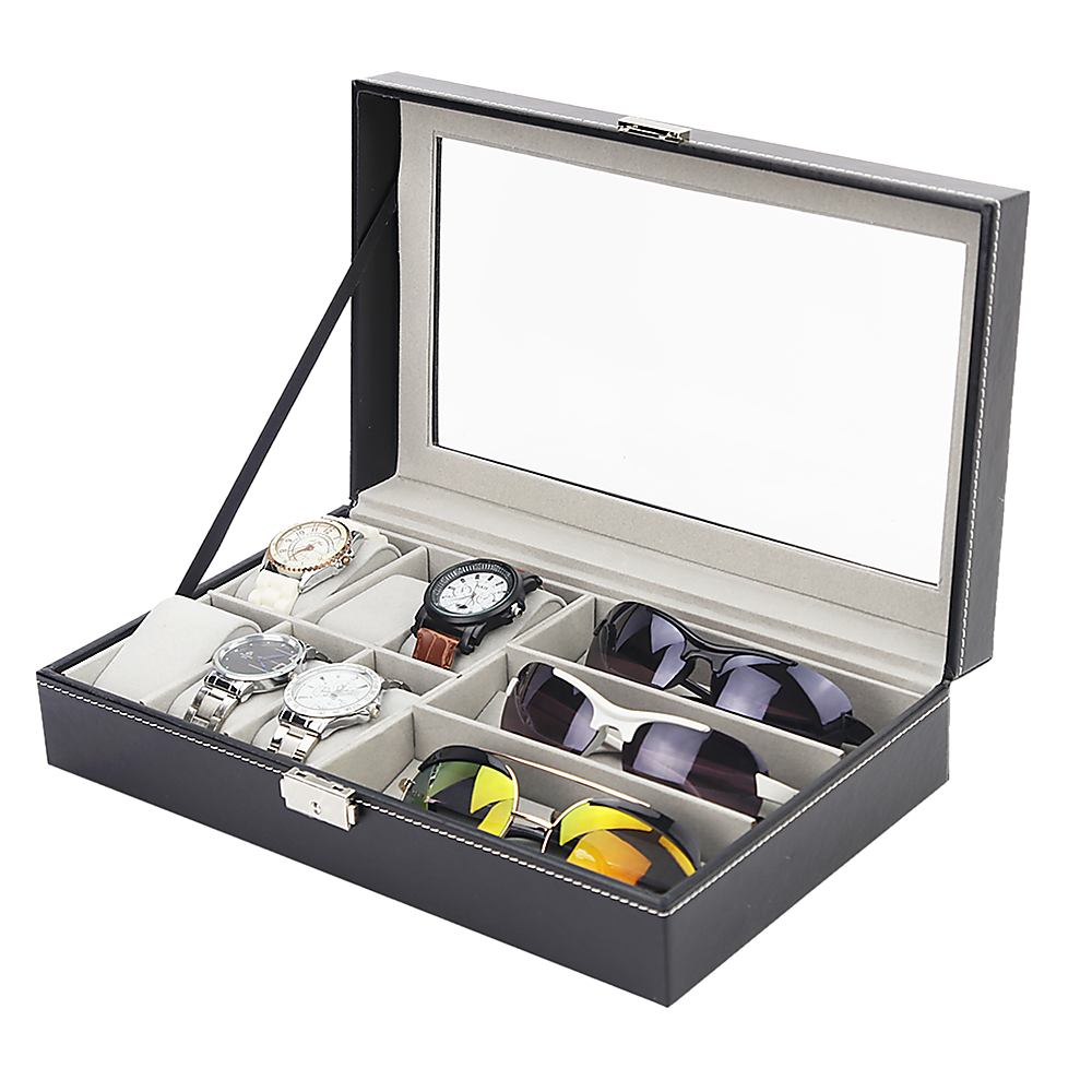 Pu Leather Watch Sunglass Eyeglasses Display Box (6+3 Grid)