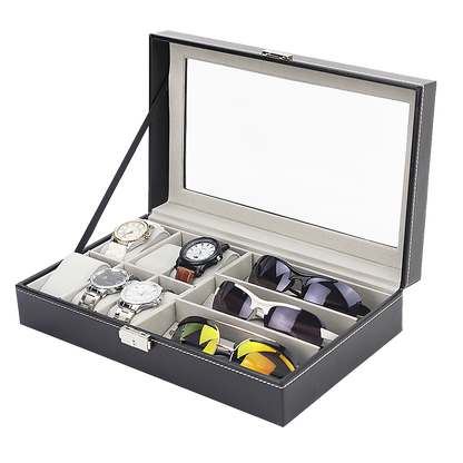 Pu Leather Watch Sunglass Eyeglasses Display Box (6+3 Grid)