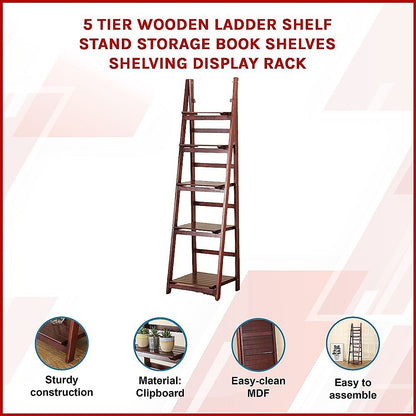 5 Tier Wooden Ladder Shelf Stand Storage Book Shelves