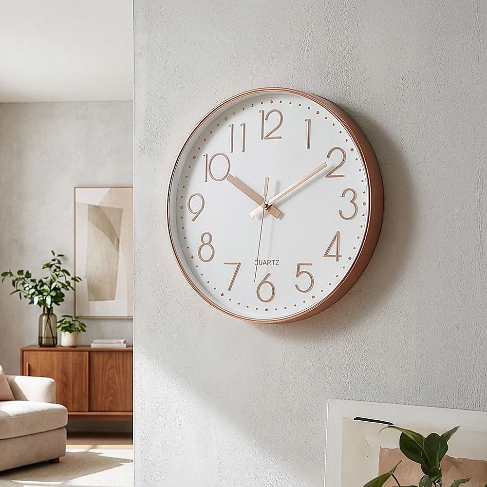 Modern Rose Gold Wall Clock – Silent Non-Ticking Quartz Battery Operated Design