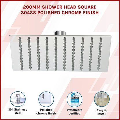 200Mm Shower Head Square 304Ss Polished Chrome Finish