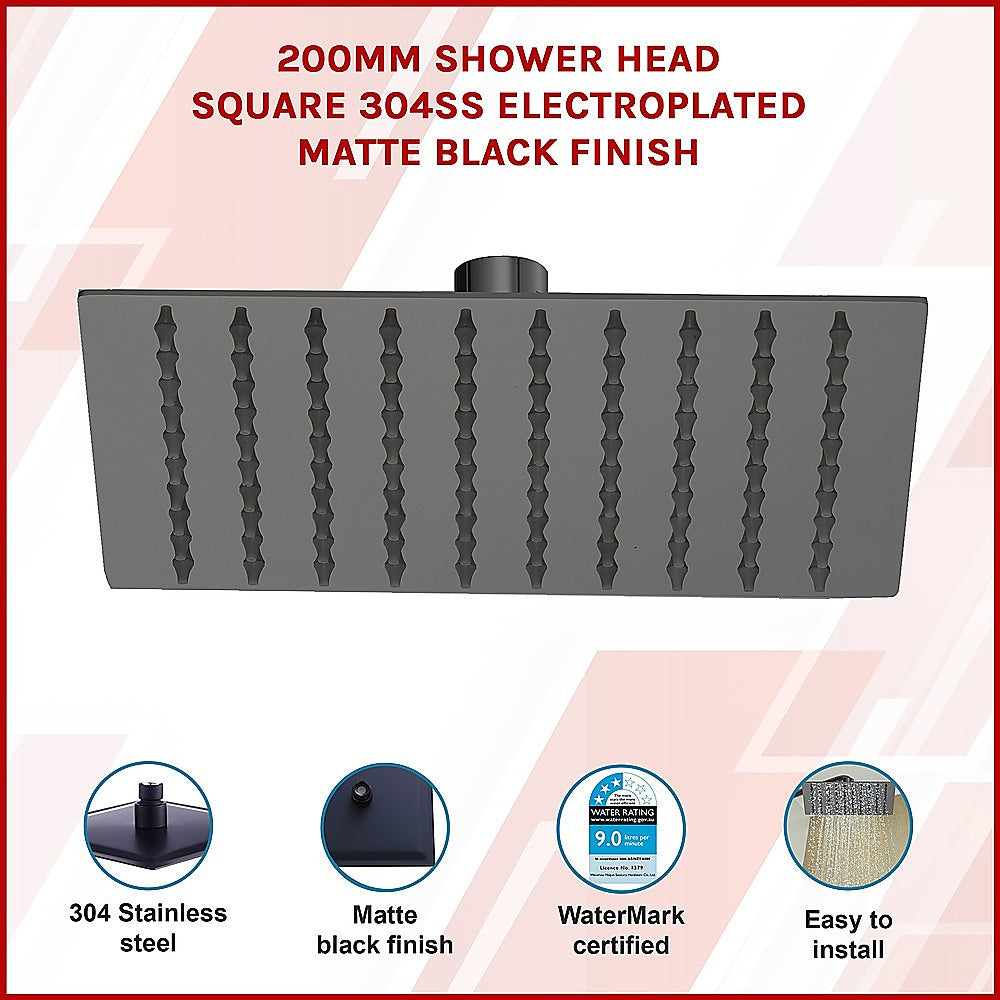 200Mm Shower Head Square 304Ss Electroplated Matte Black Finish