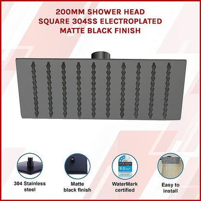 200Mm Shower Head Square 304Ss Electroplated Matte Black Finish