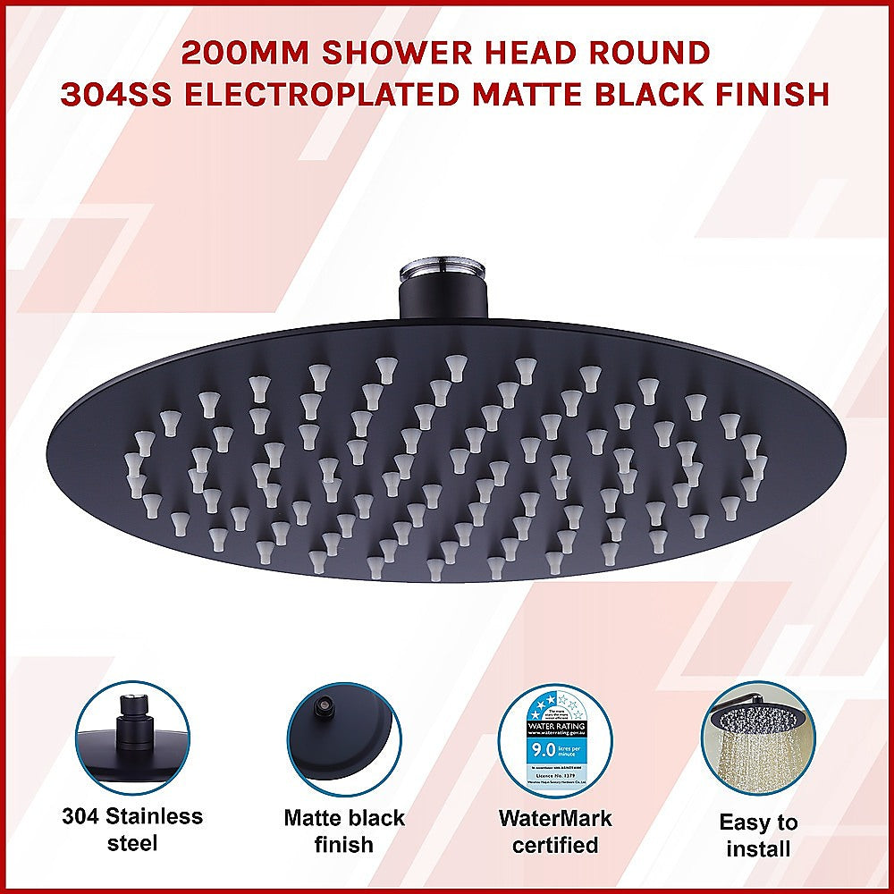 200Mm Shower Head Round 304Ss Electroplated Matte Black Finish