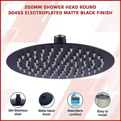 200Mm Shower Head Round 304Ss Electroplated Matte Black Finish