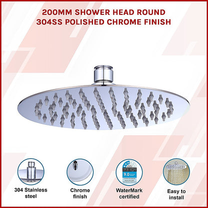 200Mm Shower Head Round 304Ss Polished Chrome Finish