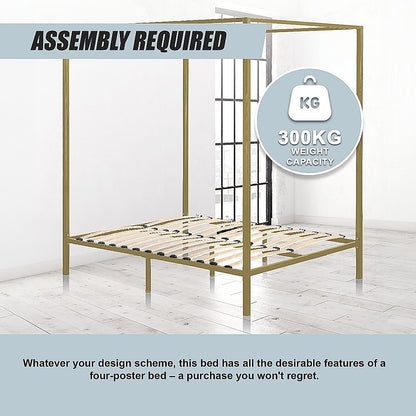 4 Four Poster Double Bed Frame Slat Support Wooden Frame King Size