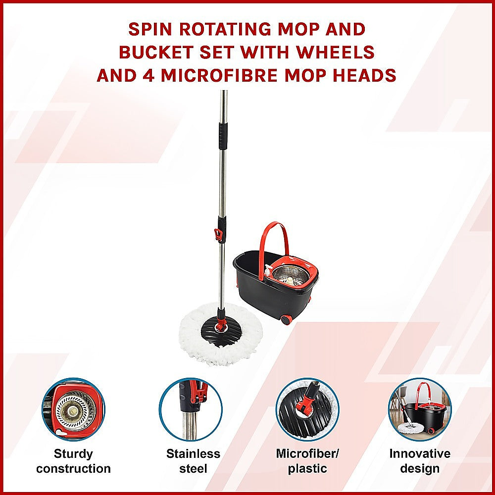Spin Rotating Mop And Bucket Set - 4 Microfibre Mop Heads