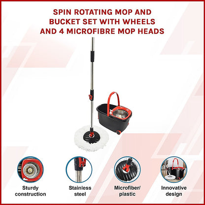 Spin Rotating Mop And Bucket Set - 4 Microfibre Mop Heads